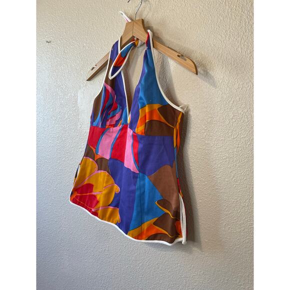 Trina Turk Multicolor Floral Mid Century Modern Boho Style Retro Halter Size 6 - Picture 4 of 11